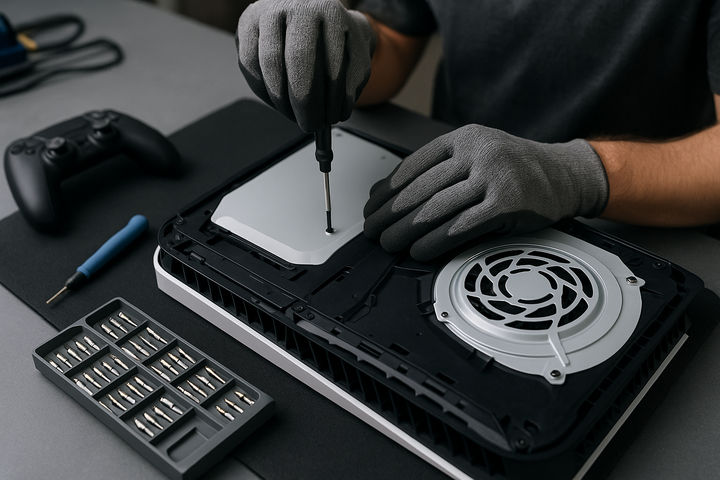 Blick auf den Arbeitstisch einer Reparaturwerkstatt: Ein Techniker öffnet fachgerecht eine PlayStation 5 Konsole zur Reparatur.