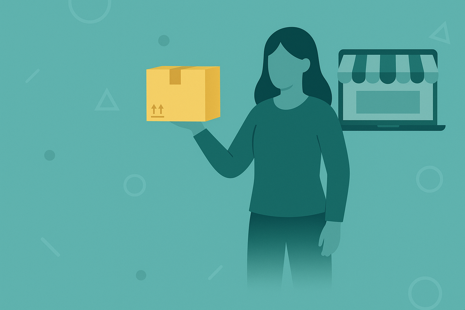 Illustration einer Online-Händlerin mit Paket und Laptop als Symbolbild für das Partnerprogramm 'Verkäufer werden'.